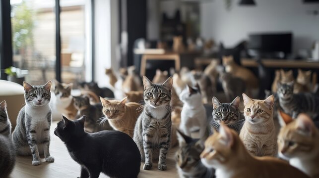 Many cats in a modern room asking for food