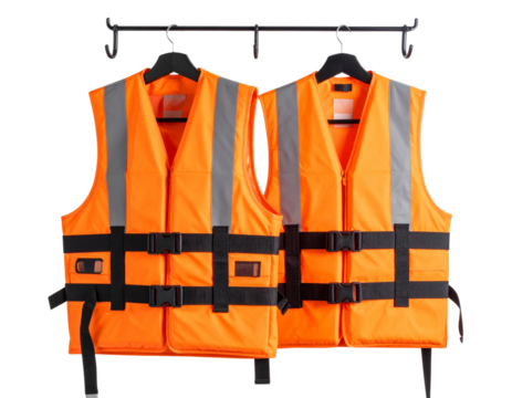 Set of safety gear: life jacket and vest hanging on hooks, angled top-down view, isolated PNG