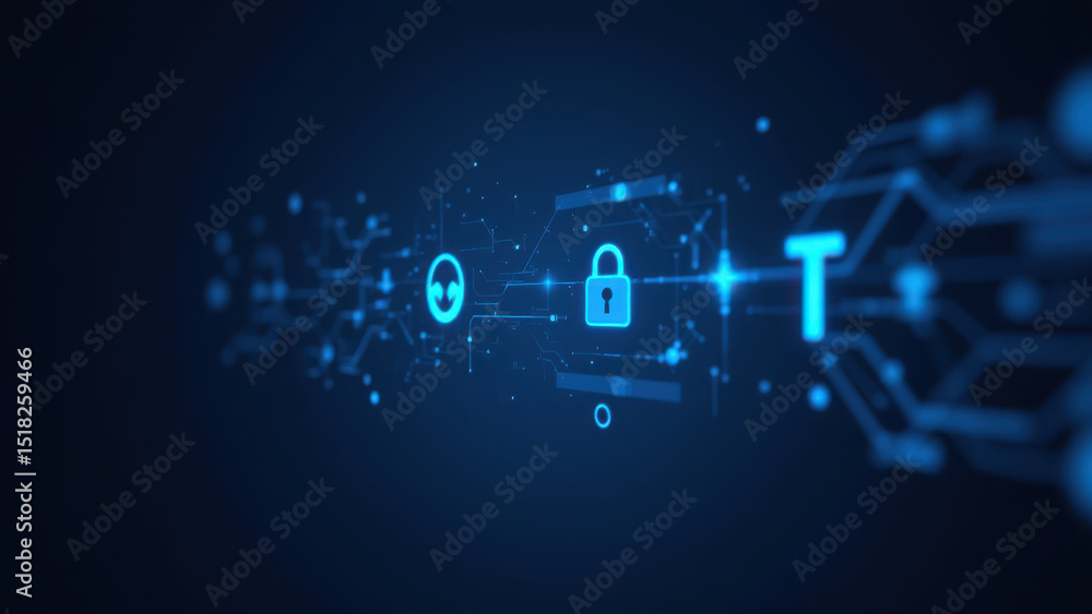 Poster cybersecurity digital graphic with glowing blue circuit patterns and lock icons on dark background.