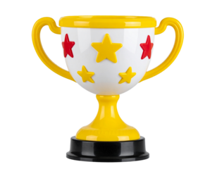 Children’s colorful plastic trophy with fun shapes and cartoon stars, isolated PNG