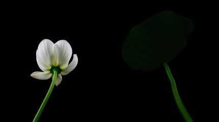 Low-angle view of a white flower with stem and a blurred green leaf against a black background