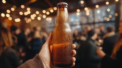 A hand holding a chilled bottle of beer against a lively, blurred background of a pub setting.
