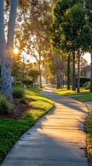 Obraz premium Bright sunny morning scene in a residential suburban neighborhood with a winding sidewalk, mature trees, lush green lawns, and warm sunlight filte through the leaves