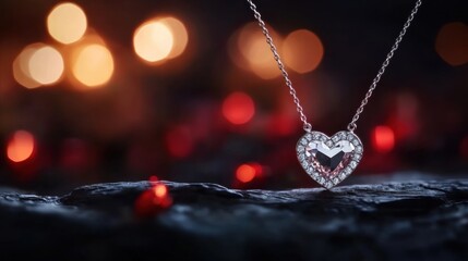 Heart-shaped necklace with sparkle on a blurred background