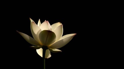Close-up of a white lotus flower with pink tipped petals against a black background
