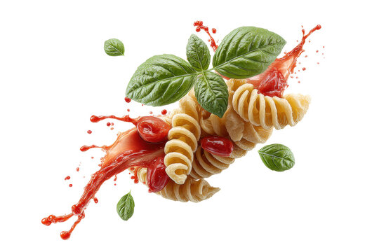 PNG Spiral pasta with tomato sauce and basil leaves on black background