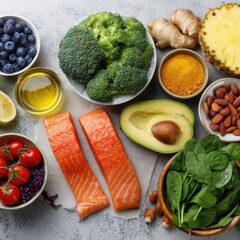 Healthy food assortment overhead shot on white background