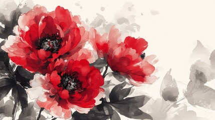 Traditional Chinese painting of red peony flowers in full bloom with delicate petals and ink wash style on white background, showcasing elegant brush strokes and rich floral details