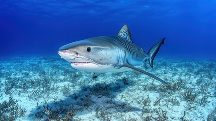 A magnificent tiger shark glides through the ocean's depths, showcasing its beauty.