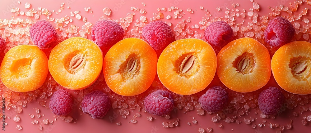 Poster a row of oranges and raspberries with a pink background