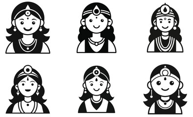 Traditional Indian Goddess Icons Set  Vector Black and White Illustrations
