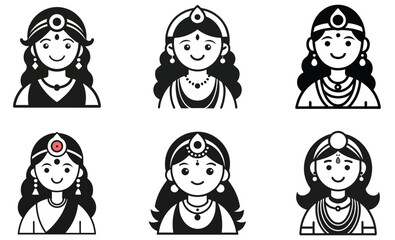 Traditional Indian Goddess Icons Set  Vector Black and White Illustrations
