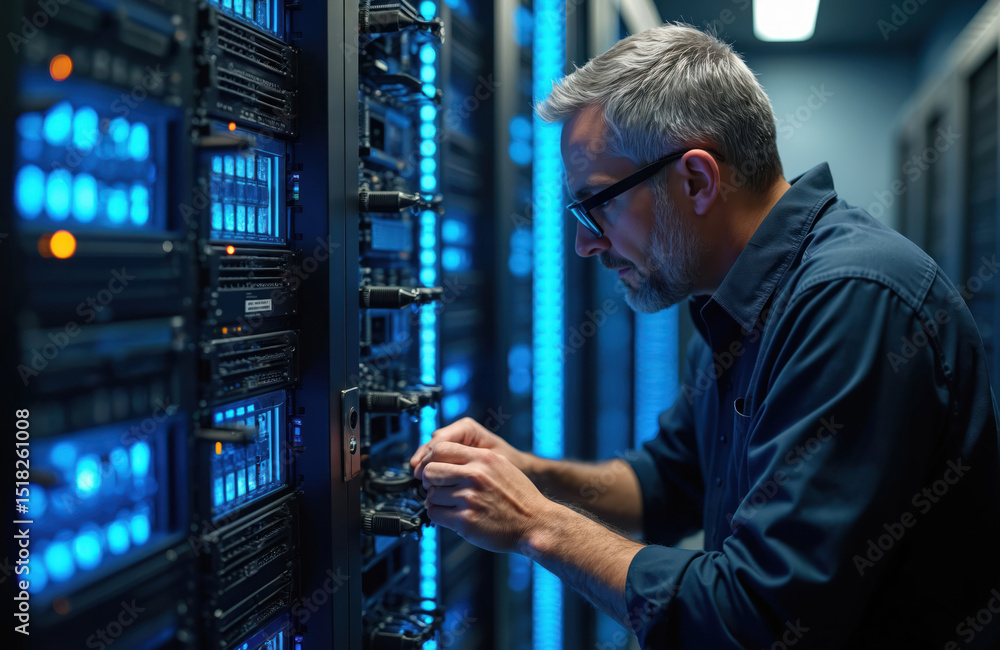Poster Network engineer configures hardware in server room. Technician works with data equipment racks. IT specialist performs data center server maintenance. Data processing. High-tech cyberspace.