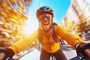 Joyful Ride: An exhilarated cyclist on a sunny day. Captured with a unique perspective, highlighting the thrill of the ride.