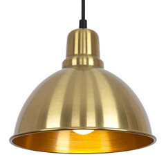 Modern golden hanging pendant lamp. Brass metal dome ceiling light with black cable. Contemporary interior lighting fixture for home or office decoration. 