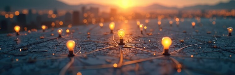Conceptual illustration global real estate planning, investment flow, interactive map. Light bulbs illuminate connections, representing business opportunities, market expansion. Infrastructure,