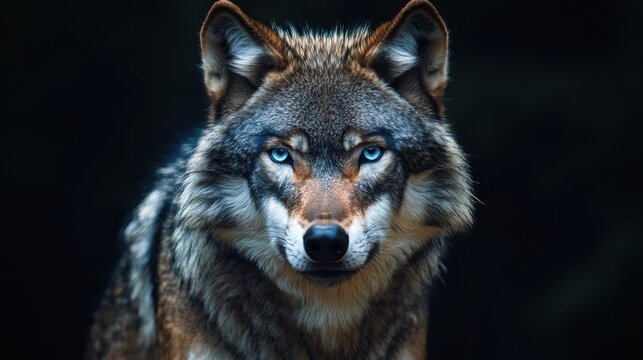 The intense gaze of a beautiful gray wolf is captured in a stunning close-up portrait.