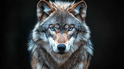 A captivating portrait of a majestic wolf, its piercing blue eyes locked on the viewer.