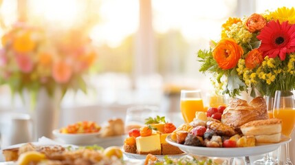 Breakfast Feast: A delightful table laden with an assortment of delicious breakfast treats, featuring vibrant flowers and refreshing orange juice, creating an inviting atmosphere.