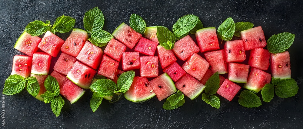 Poster a watermelon is cut into slices and placed on a table with strawberries