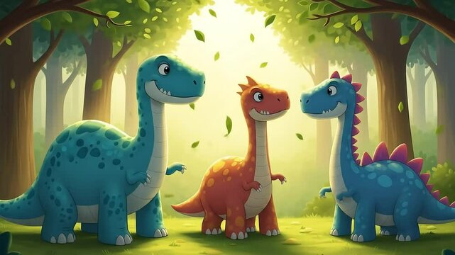 A cute cartoon baby dino character smiles in a fun safari park illustration