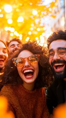 Joyful Gathering under Golden Foliage: A group of smiling friends gathers, illuminated by the warm embrace of golden autumn leaves, capturing a moment of pure, unadulterated happiness. 