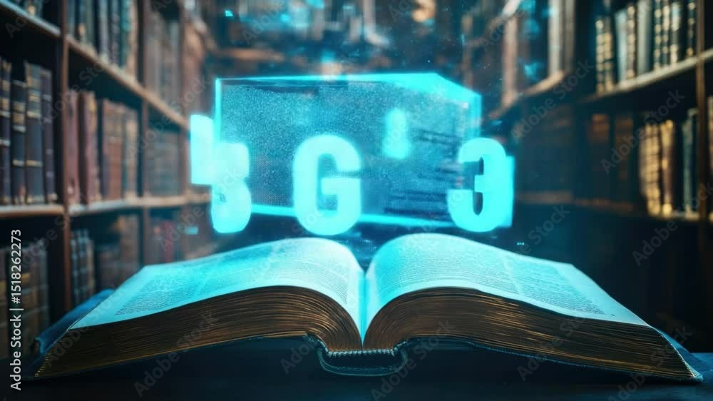 Aufkleber digital transformation of knowledge in a library with futuristic elements and floating data 4k video