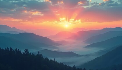 Obraz premium Serene mountain landscape at vibrant sunrise with misty valleys, captivating colors. Dramatic atmospheric, awe inspiring natural scenery. Ideal travel eco-tourism destination. Scenic beauty, peaceful