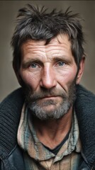 Obraz premium Portrait of an older man with rugged features, intensely staring against a neutral background