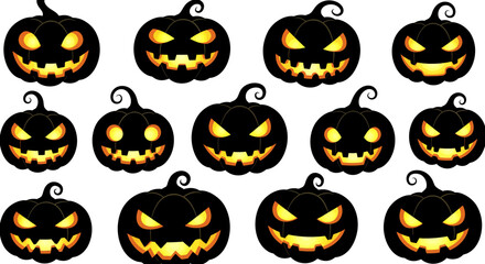 Collection of Black Halloween Pumpkins with Glowing Faces and Curly Stems