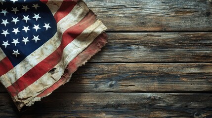 Fototapeta premium An old, distressed american flag on a weathered wooden surface, showing patriotism.