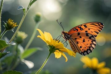 Obraz premium Close-Up of Butterfly on Yellow Flower with Green Bokeh Background