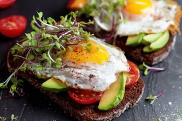 Delicious open-faced sandwich topped with egg, avocados, and microgreens on dark bread