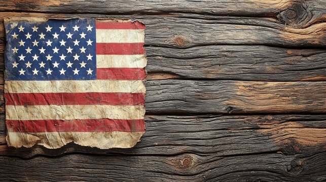 Vintage american flag on aged wood creating a nostalgic patriotic composition and aesthetic.