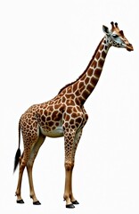 Fototapeta premium Side view cut-out giraffe stands tall on white background. Long neck, patterned coat, tall legs. Wild animal, safari theme, wildlife nature portrait. Ideal for educational resources, zoo content,
