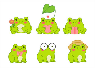 Obraz premium A set of six cartoon frog illustrations with different expressions and accessories including flower, gift, glasses, heart, bowtie, and hat. Suitable for sticker design, children’s content, and digital