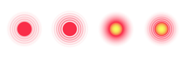 Pain red circle with gradient heat map effect. Medical target for inflammation, stress, injury or pressure point visual. Ache design set for healthcare or advertisement. Vector Illustration.