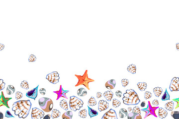 Seamless board with marine elements on a separate background. Starfish and shells with colorful stones in vintage style. Vector.