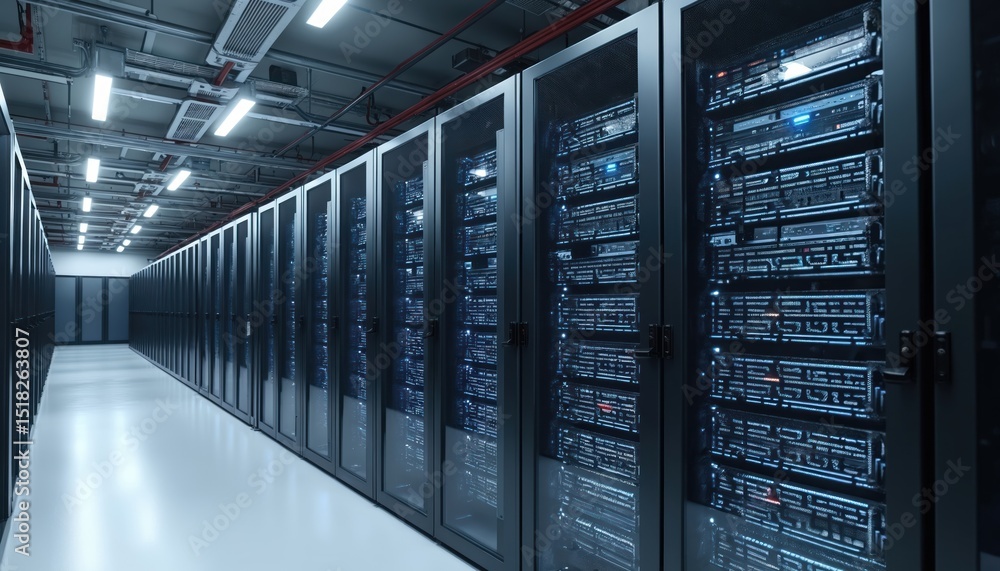 Poster Modern server room with rows of server racks. Data center infrastructure with computing equipment, AI tech for fast data processing. Internet cloud storage, digital security, data transfer,