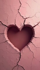 Heart-shaped hole in cracked pink textured wall. Love, loss, broken relationships. Pink surface with cracks evokes emotion, passion. Weathered grunge background for Valentine Day, romantic designs.