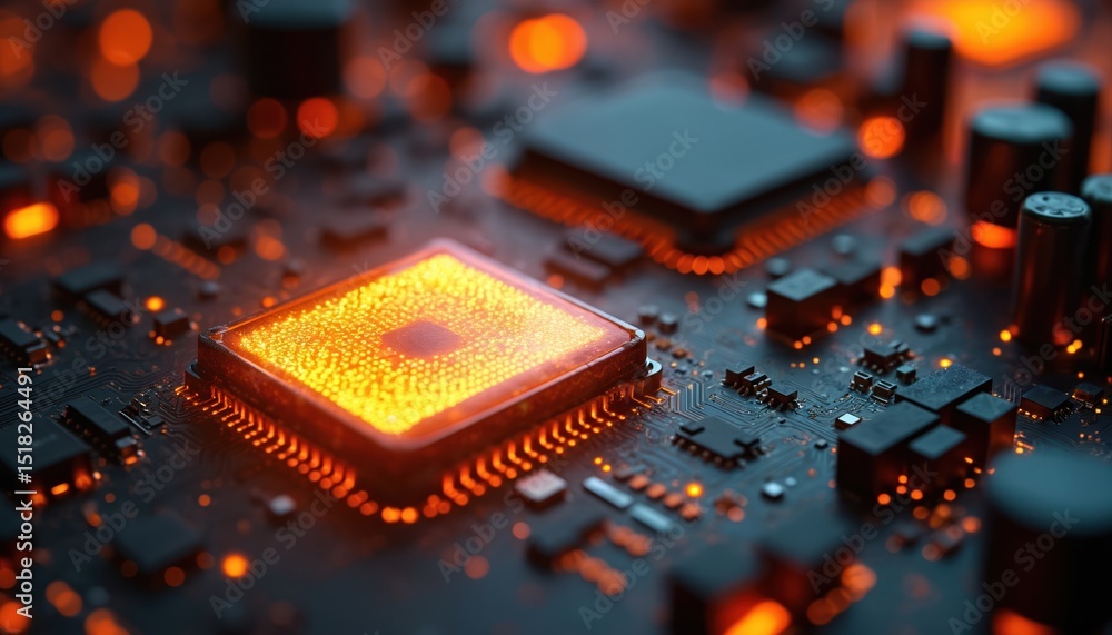 Poster High-tech circuit board with glowing processor. Electronic components, chips arranged. Modern digital technology, futuristic concept, data transfer, computer hardware, system on microchip.