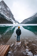 Mountain lake reflection seen by a person standing on a rock in winter, surrounded by snow and misty mountains