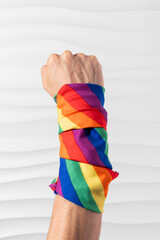 Brazo con puño en alto con bandera LGBT en el brazo en señal de lucha y esfuerzo por derechos igualitarios en formato vertical para redes sociales