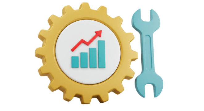 Isolated Gear Cog with Growth Bar Chart and Wrench Symbolizing Optimization and Progress