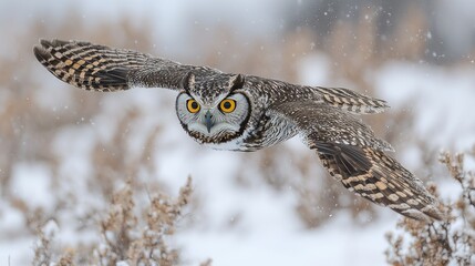 Great horned owl in flight during a snowy day.