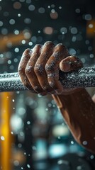 A determined hand grips a chalk-covered barbell, ready for a challenging weightlifting session.