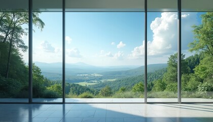 Large window overlooks forest, valley with blue sky background. Modern interior design combines nature with interior space. Day light, green trees, mountains visible through glass window.