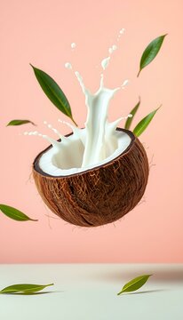 Halved Coconut With Milk Splash and Floating Tropical Leaves