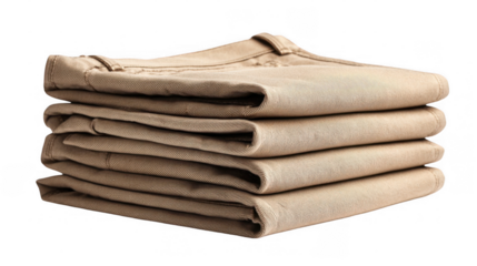 Four neatly folded khaki chinos stacked on a transparent background, offering an organized display perfect for showcasing apparel design and highlighting casual menswear fashion