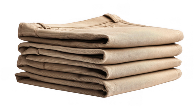 Four neatly folded khaki chinos stacked on a transparent background, offering an organized display perfect for showcasing apparel design and highlighting casual menswear fashion